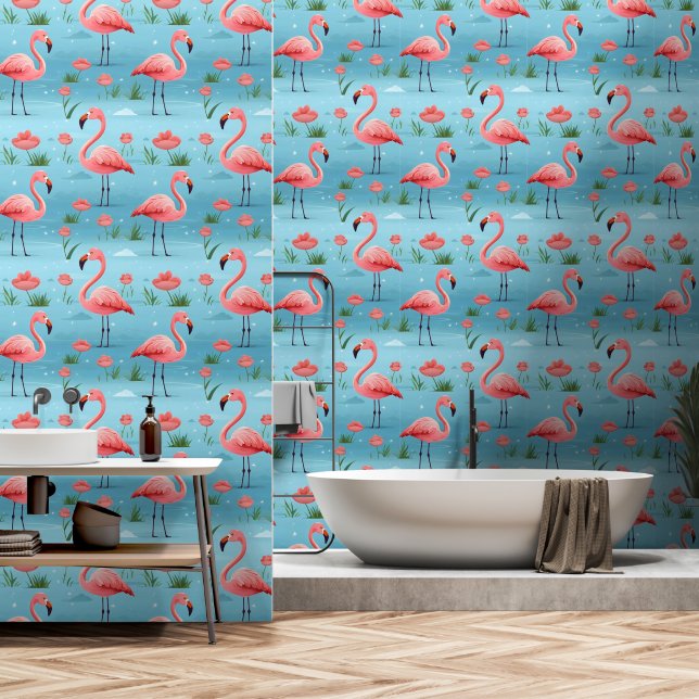 flamingo blauw waterpatroon behang (Badkamer)