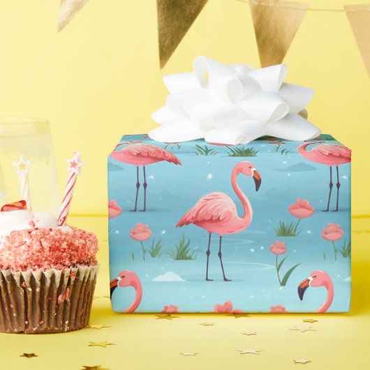 flamingo blauw waterpatroon cadeaupapier (Verjaardagsfeest)
