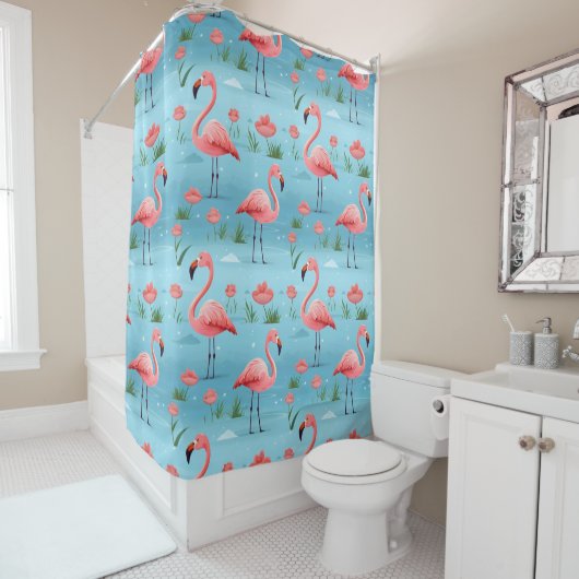 flamingo blauw waterpatroon douchegordijn (In situ)