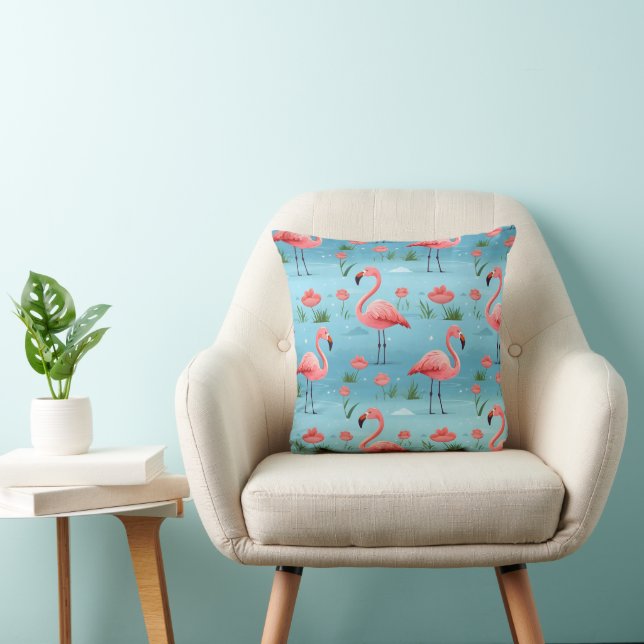 flamingo blauw waterpatroon kussen (Stoel)