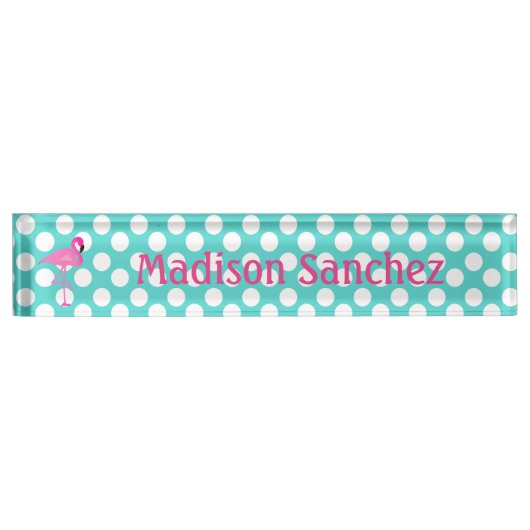 Flamingo Blauwgroen en White Polka Dot Name Bord Naambordje (Voorkant)