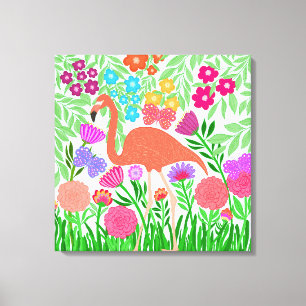 Flamingo Bloemen en Vlinders Canvas Afdruk