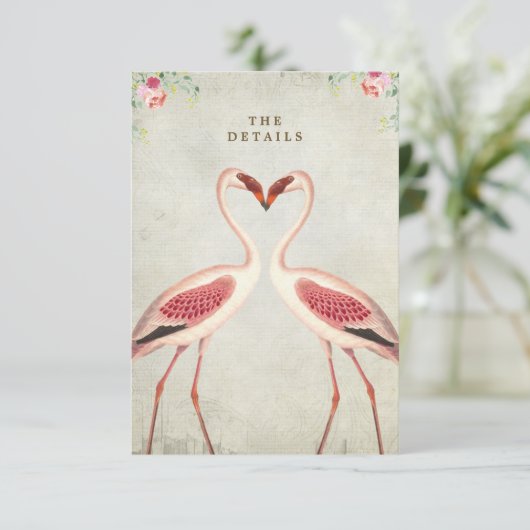 Flamingo Bloemenbruiloft Details Informatie Kaart (Staand voorkant)