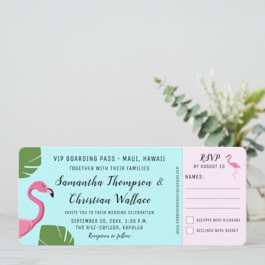 Flamingo Boarding Pass RSVP ticket Bestemming Kaart (Staand voorkant)