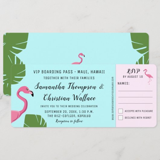 Flamingo Boarding Pass RSVP ticket Bestemming Kaart (Voorkant / Achterkant)