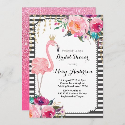 Flamingo Bridal Shower Uitnodiging zwart wit (Voorkant / Achterkant)