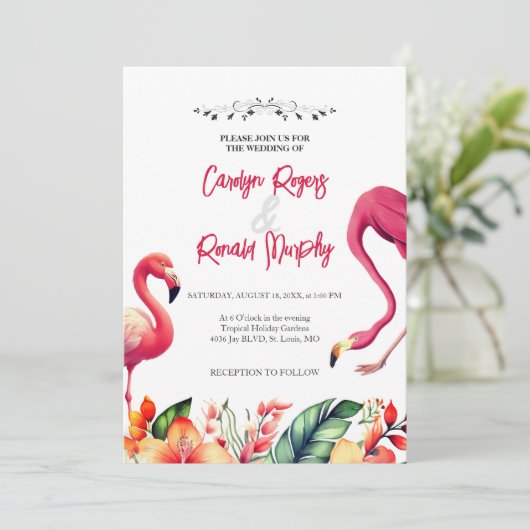 Flamingo bruiloft uitnodiging (Staand voorkant)