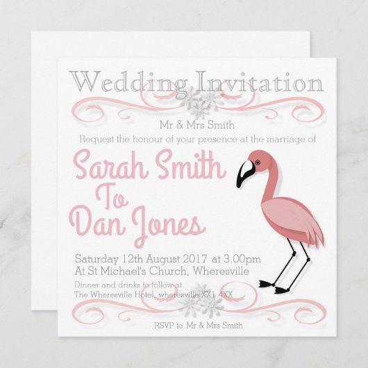 Flamingo bruiloft uitnodiging (aanpasbaar) (Voorkant / Achterkant)