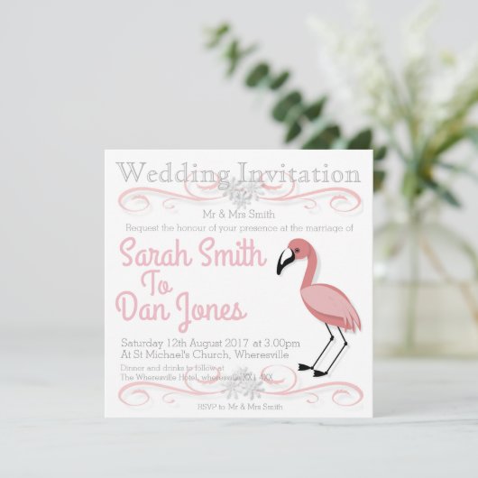 Flamingo bruiloft uitnodiging (aanpasbaar) (Staand voorkant)