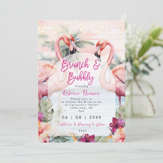 Flamingo Brunch Bubbels Bruids Douche Uitnodiging (Staand voorkant)