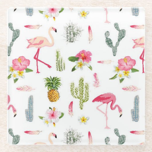 Flamingo Cactus Pineapple Hibiscus Pattern Glazen Onderzetter (Voorkant)