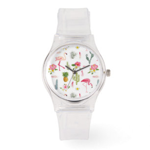 Flamingo Cactus Pineapple Hibiscus Pattern Horloge