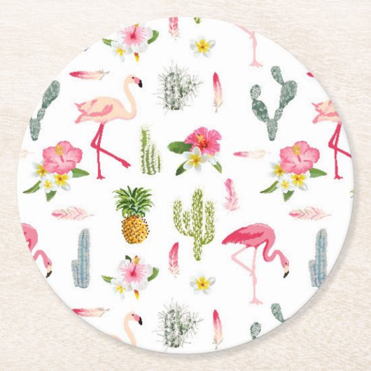 Flamingo Cactus Pineapple Hibiscus Pattern Ronde Kartonnen Onderzetter (Voorkant)
