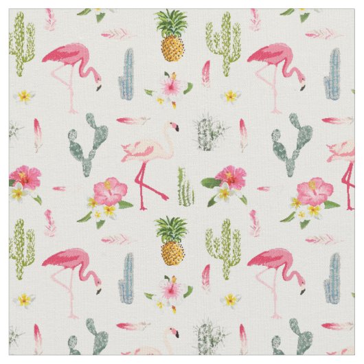 Flamingo Cactus Pineapple Hibiscus Pattern Stof (Close Up)