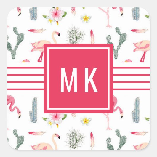 Flamingo Cactus Pineapple Hibiscus Pattern Vierkante Sticker (Voorkant)