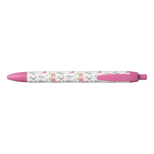Flamingo Cactus Pineapple Hibiscus Pattern Zwarte Inkt Pen (Achterkant)