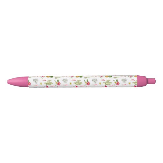 Flamingo Cactus Pineapple Hibiscus Pattern Zwarte Inkt Pen (Voorkant)