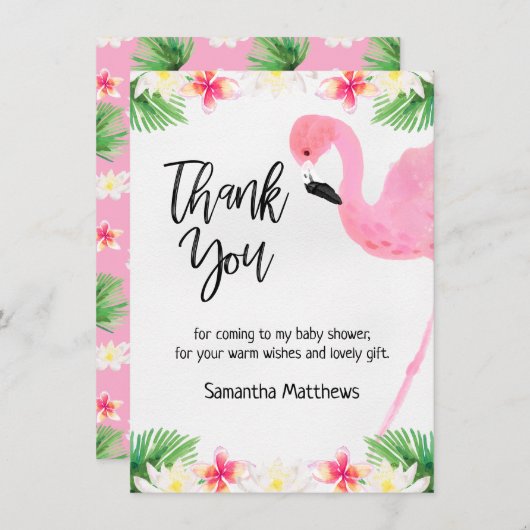 Flamingo Calligraphy Baby shower Dank u Kaart (Voorkant / Achterkant)