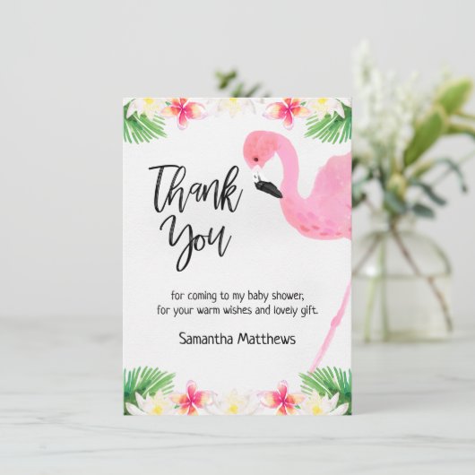 Flamingo Calligraphy Baby shower Dank u Kaart (Staand voorkant)