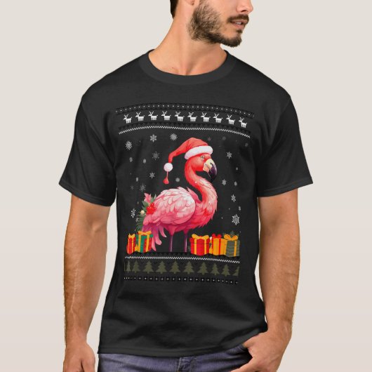 Flamingo Christmas Santa Hat Ugly Christmas Sweate T-shirt (Voorkant)