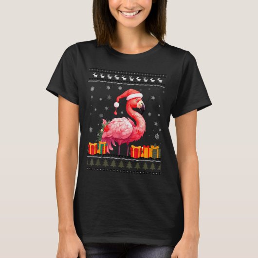Flamingo Christmas Santa Hat Ugly Christmas Sweate T-shirt (Voorkant)
