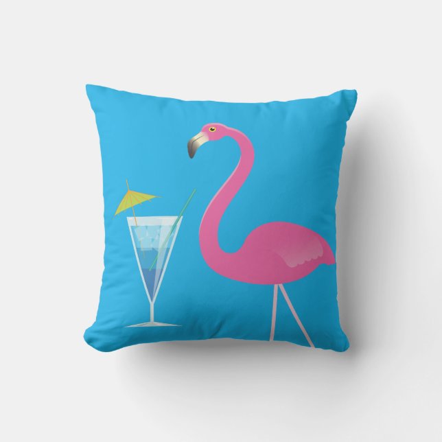 Flamingo & Cocktail op blauw buitenkussen (Voorkant)