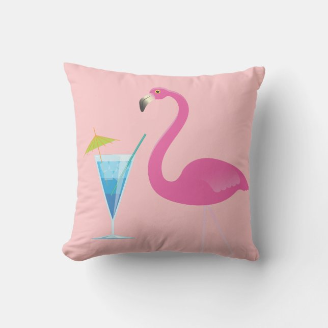 Flamingo & Cocktail op Coral Outdoor Pillow Buitenkussen (Voorkant)