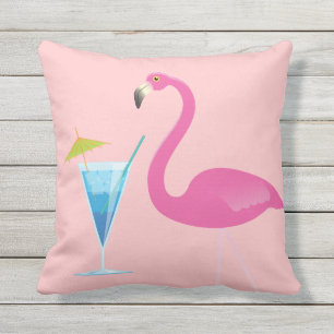 Flamingo & Cocktail op Coral Outdoor Pillow Buitenkussen