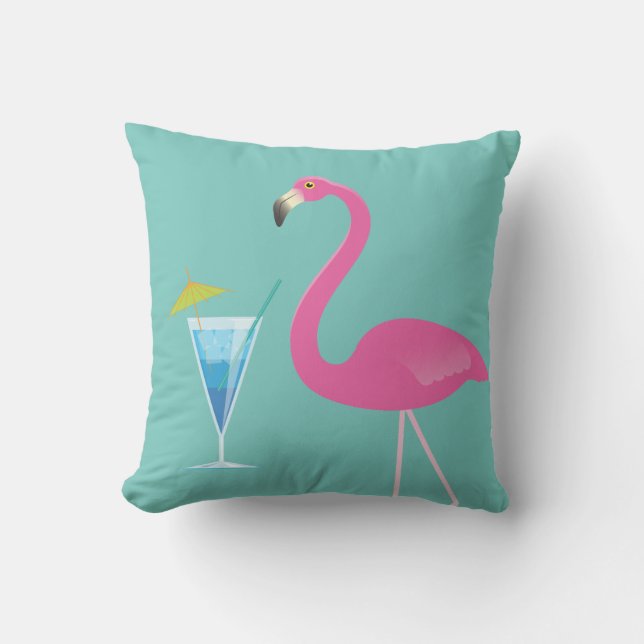 Flamingo & Cocktail op Turquoise Outdoor Pillow Buitenkussen (Voorkant)