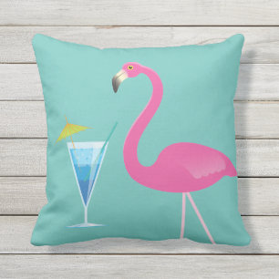 Flamingo & Cocktail op Turquoise Outdoor Pillow Buitenkussen