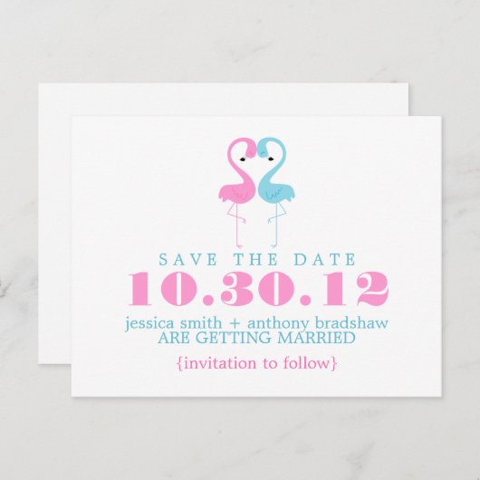 Flamingo Couple Wedding Save the Date Aankondigingskaart (Voorkant / Achterkant)
