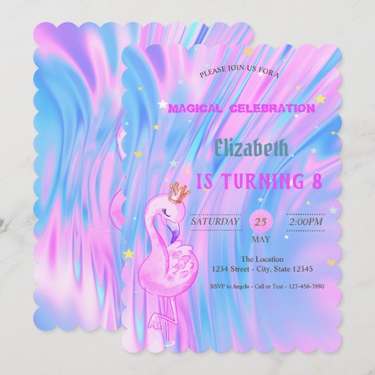 Flamingo, Crown Ombre Holographic Opal Birthday Kaart (Voorkant / Achterkant)