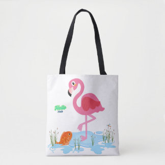 Flamingo die een vis in een vijver waarneemt tote bag