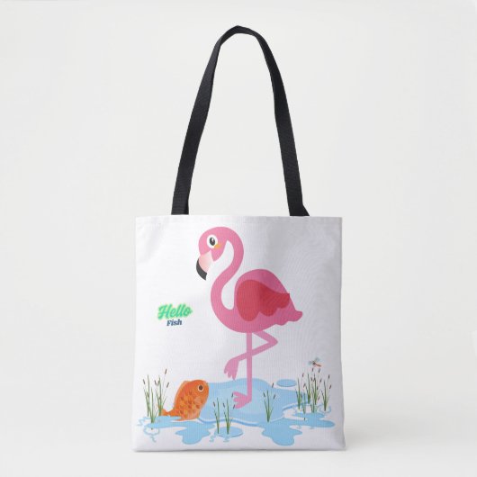 Flamingo die een vis in een vijver waarneemt tote bag (Voorkant)