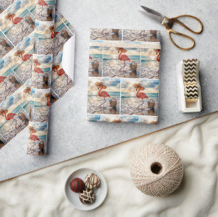 Flamingo die in de branding van de oceaan loopt cadeaupapier