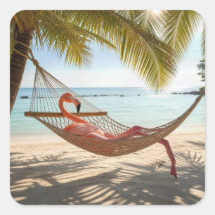 Flamingo die in een hangmat ligt vierkante sticker