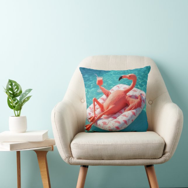 Flamingo die ontspant op een zwembadmatras kussen (Stoel)