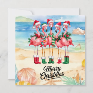 Flamingo draagt Kerstmannenhoed met Surfplank Kers Kaart