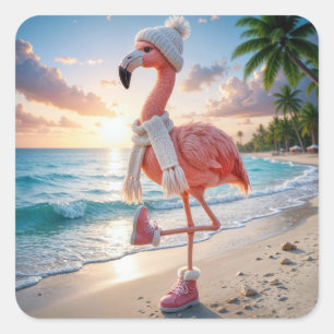 Flamingo draagt winterlaarzen en sjaal vierkante sticker