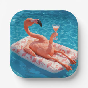 Flamingo Drijvend Met een Cocktail In een Zwembad Papieren Bordje