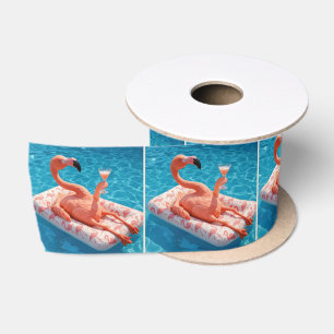 Flamingo Drijvend Met een Cocktail In een Zwembad Satijnen Lint