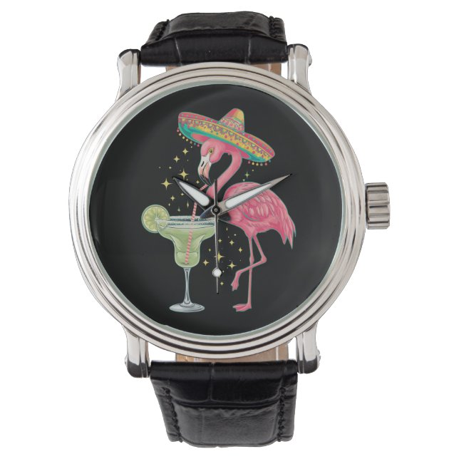 Flamingo Drink Margarita Funny Mexican Poncho Horloge (Voorkant)
