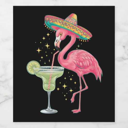 Flamingo Drink Margarita Funny Mexican Poncho Wijn Etiket (Enkel label)