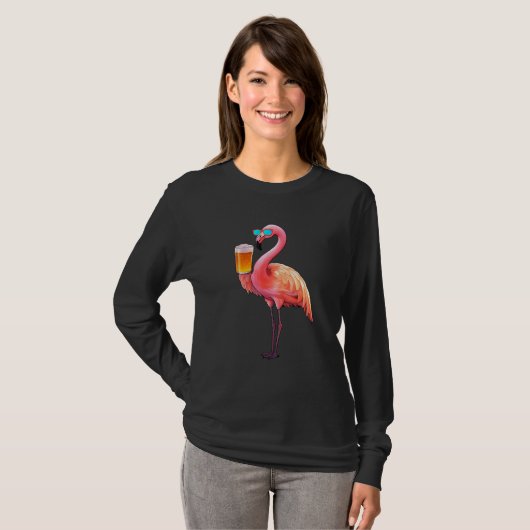 Flamingo Drinking Beer  Pink Flamingo T-shirt (Voorkant volledig)