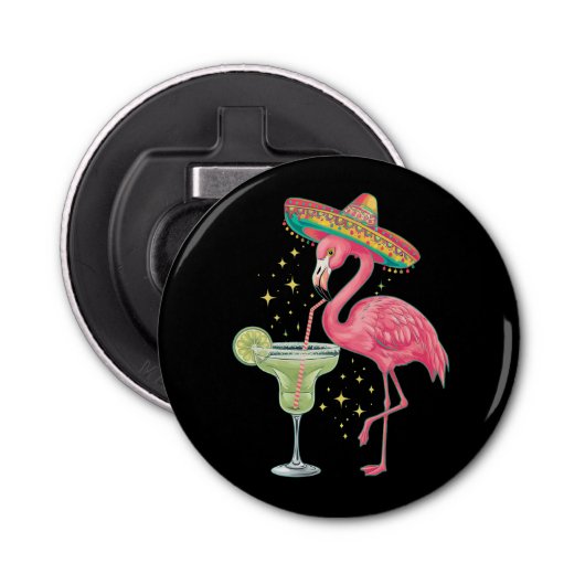 Flamingo Drinkt Margarita Grappige Mexicaanse Ponc Button Flesopener (Voorkant)
