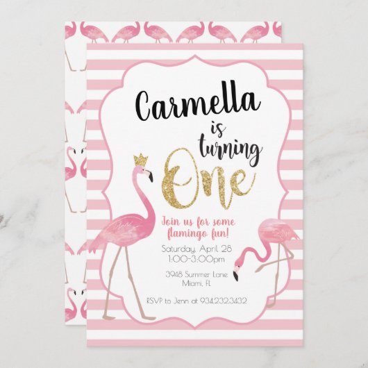 Flamingo eerste verjaardag uitnodiging (Voorkant / Achterkant)