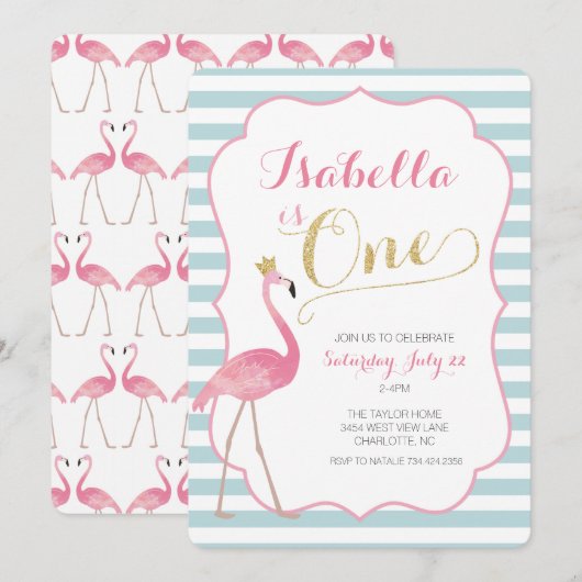 Flamingo eerste verjaardag uitnodiging (Voorkant / Achterkant)
