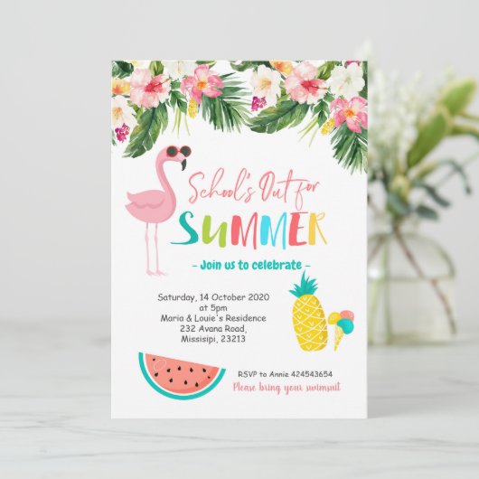 Flamingo Einde van school zomerfeest Uitnodiging (Staand voorkant)