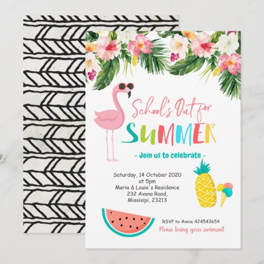 Flamingo Einde van school zomerfeest Uitnodiging (Voorkant / Achterkant)