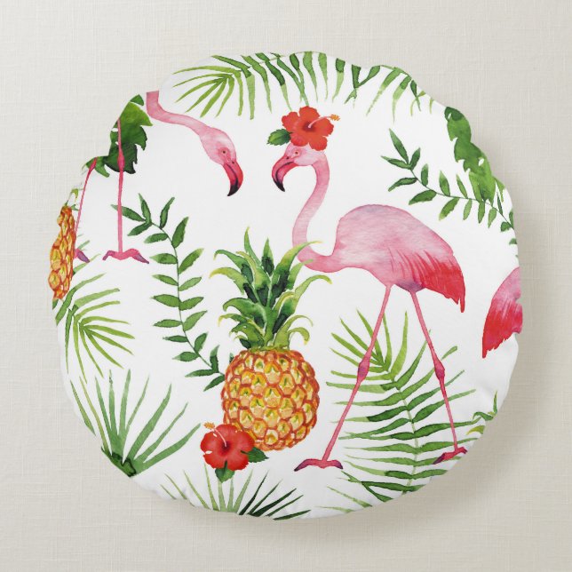 Flamingo en ananas rond kussen (Voorkant)